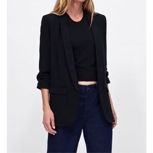 ZARA black crepe ruffle sleeve blazer‎ w/ pockets women’s sz L open front career